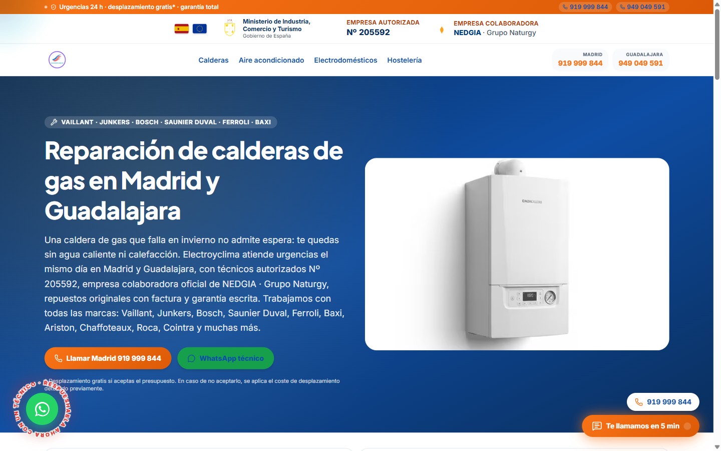 Página de reparación de calderas de gas Madrid y Guadalajara con foto de caldera generada con Nano Banana